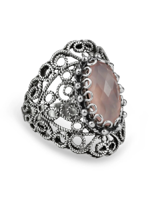 Load image into Gallery viewer, Filigree Art Pink Chalcedony Gemstone Lace Detailed Women Silver Statement Ring
