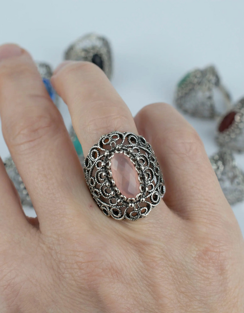 Load image into Gallery viewer, Filigree Art Pink Chalcedony Gemstone Lace Detailed Women Silver Statement Ring
