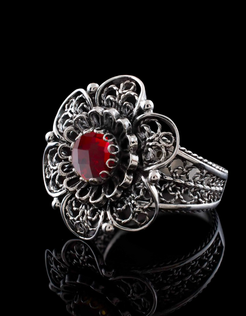 Load image into Gallery viewer, Filigree Art Ruby Gemstone Women Silver Statement Ring
