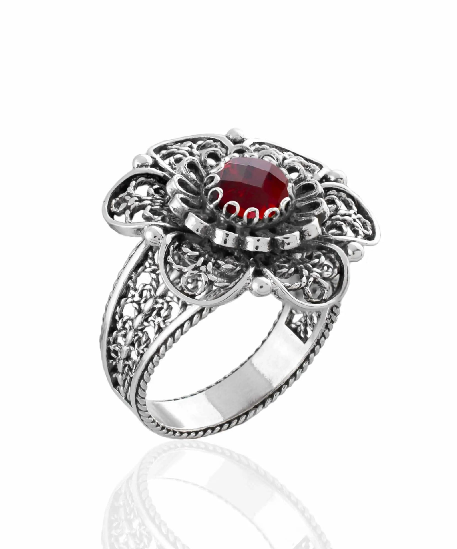 Filigree Art Ruby Gemstone Women Silver Statement Ring