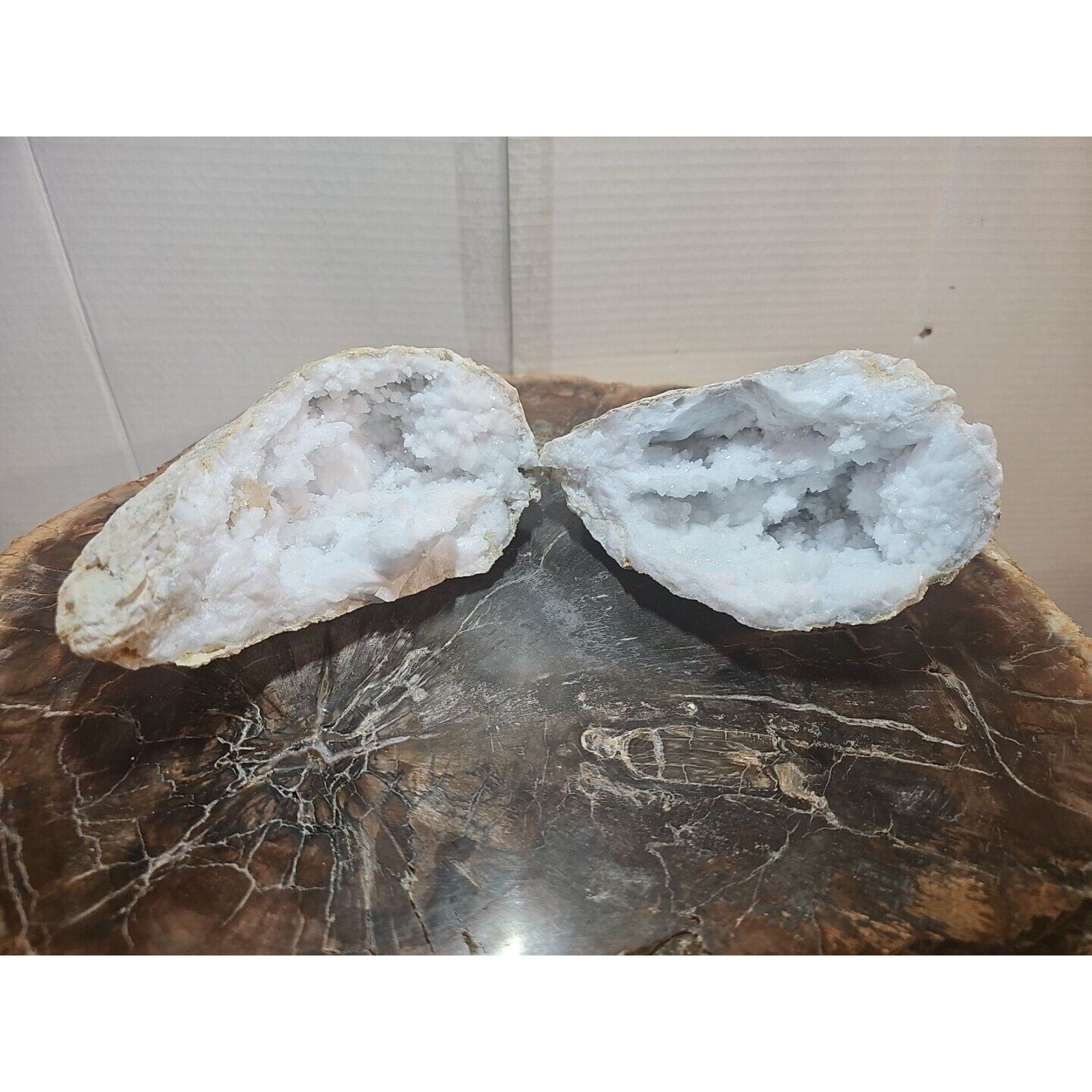 3.88lbs Large Pair Geode Crystal Moroccan Quartz W /Stand