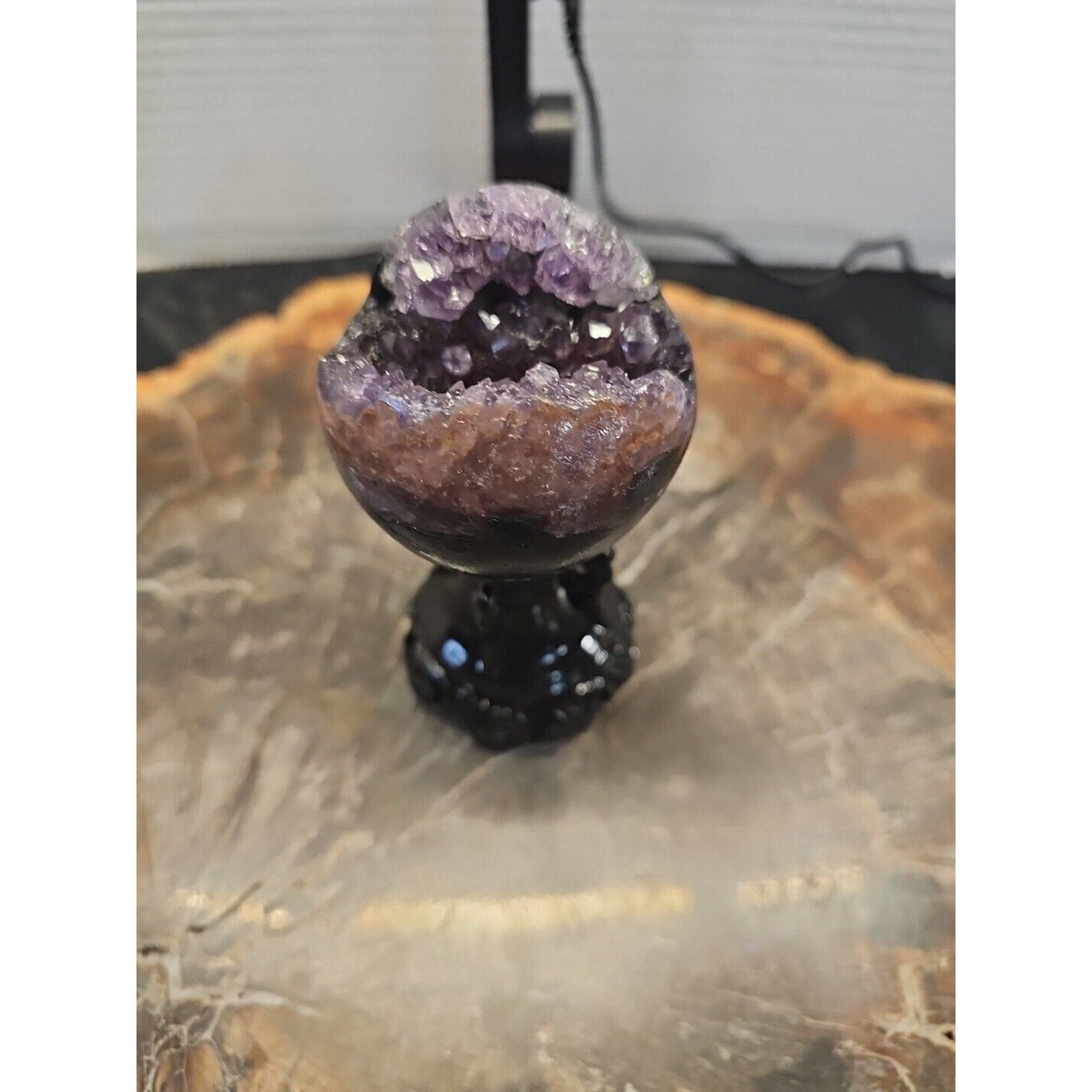 259G Natural Amethyst geode quartz cluster crystal specimen Healing W/Stand