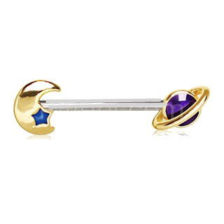 Load image into Gallery viewer, Gold Galaxy Planet &amp; Moon Nipple Bar
