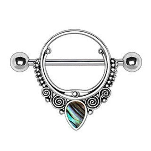 Load image into Gallery viewer, Ornate Nipple Shield with Tear Drop Abalone
