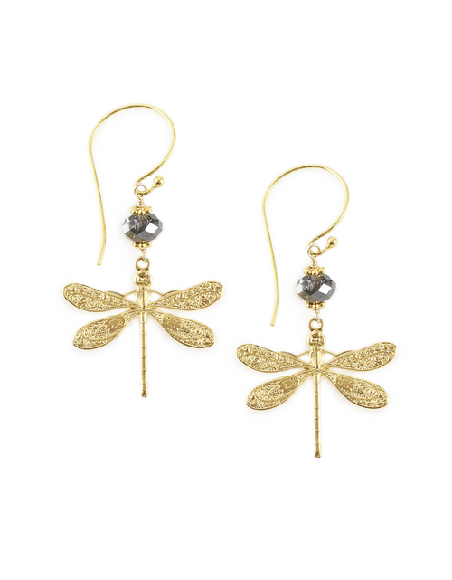 Load image into Gallery viewer, 18K gold plated dragonfly earrings with Black Diamond crystals
