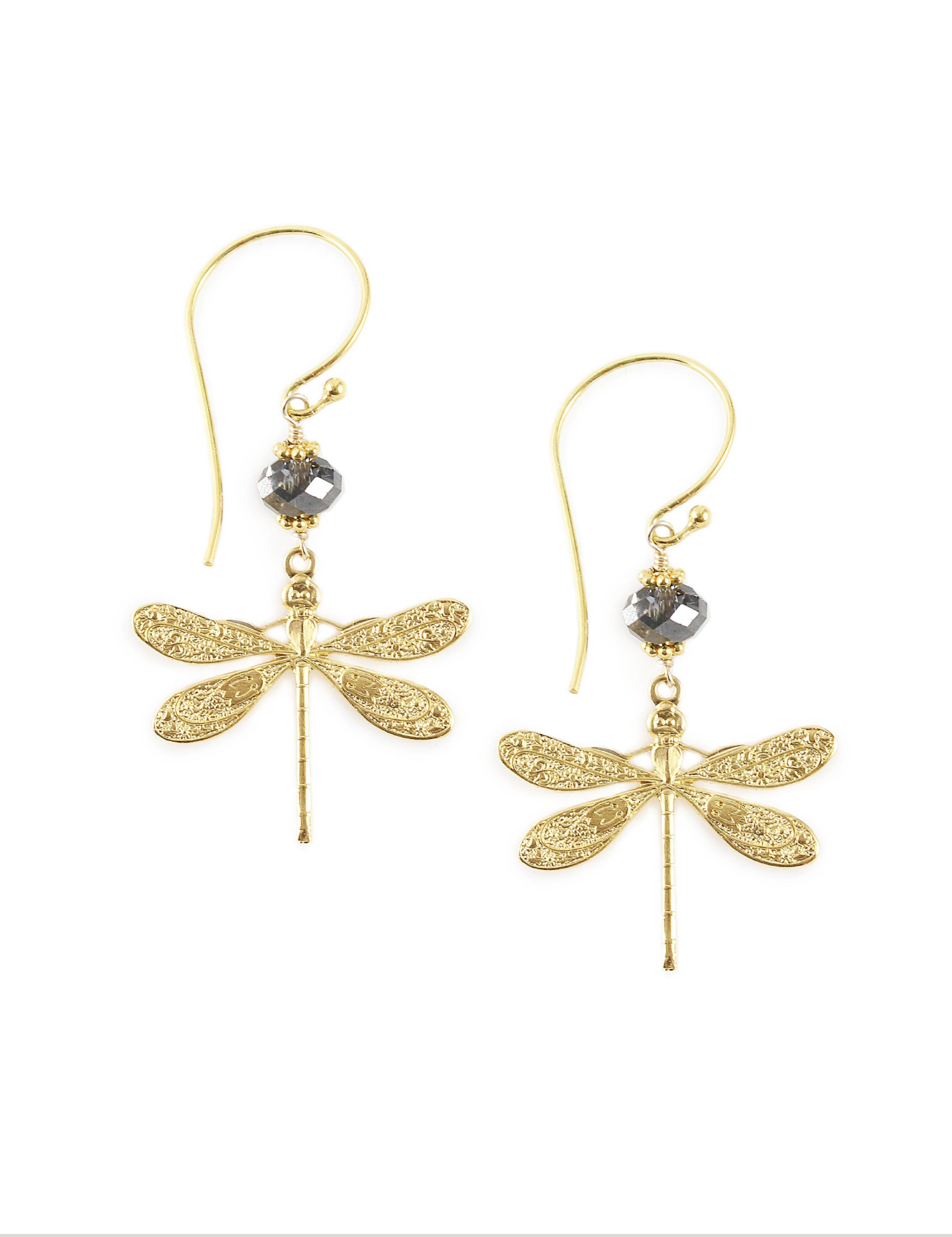 18K gold plated dragonfly earrings with Black Diamond crystals