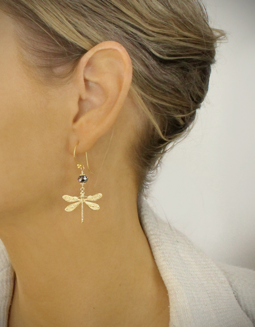 Load image into Gallery viewer, 18K gold plated dragonfly earrings with Black Diamond crystals
