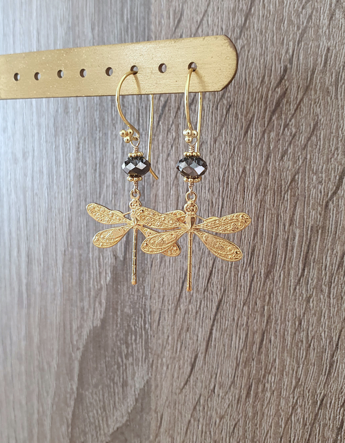 Load image into Gallery viewer, 18K gold plated dragonfly earrings with Black Diamond crystals
