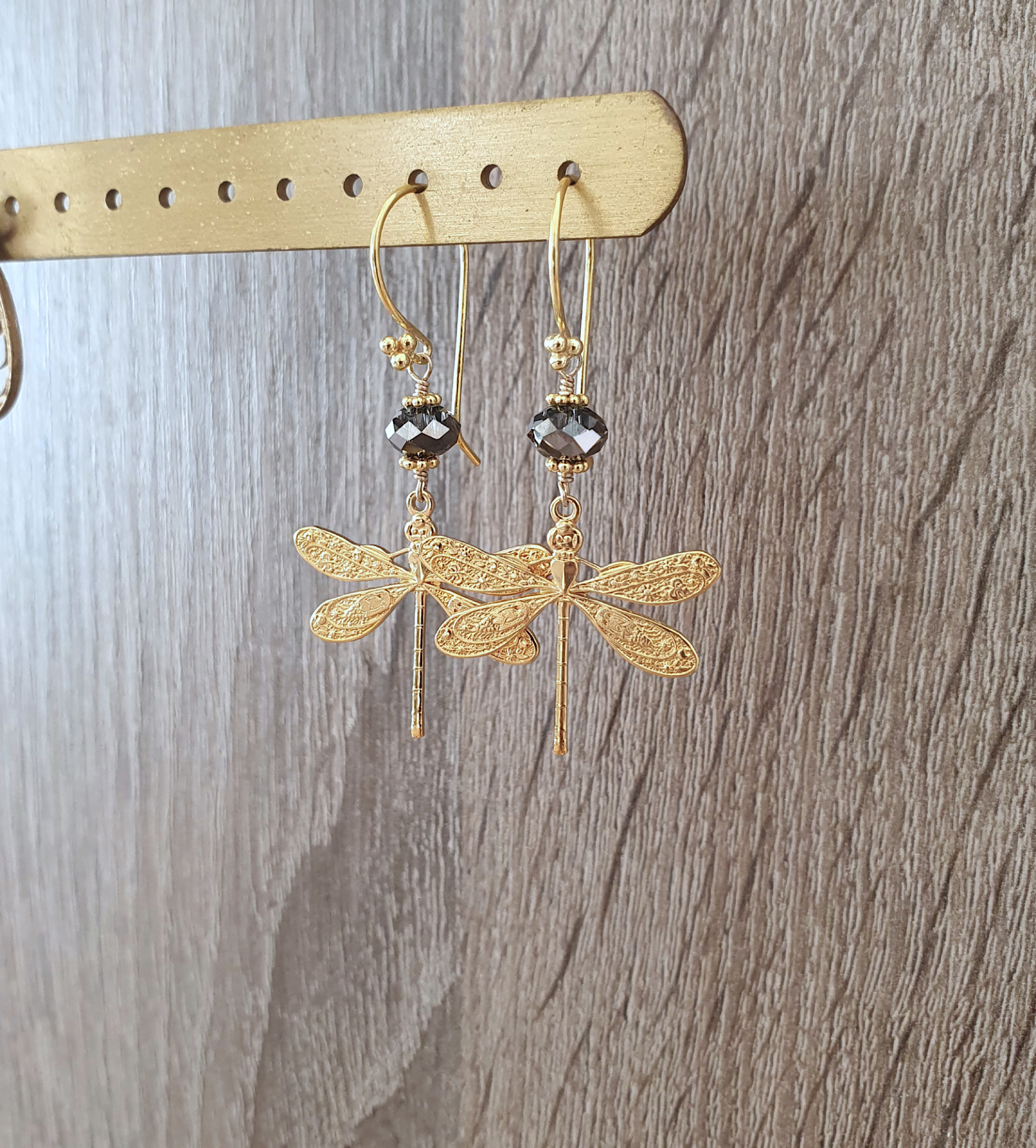 18K gold plated dragonfly earrings with Black Diamond crystals