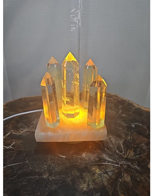 Load image into Gallery viewer, 1.34LB 5Pcs Yellow Smelt Quartz Crystal Point W/Selenite Charging Base &amp; Led
