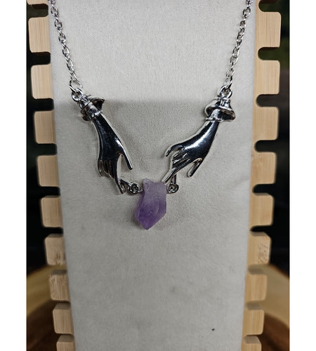Amethyst Crystal Necklace 16in Stainless Steel