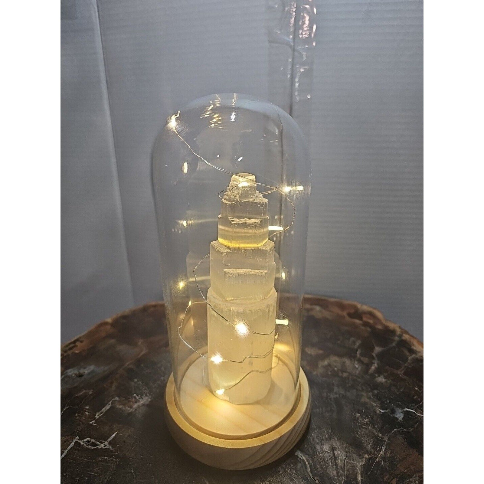 6in 429g Selenite Tower In Case W/led Lights