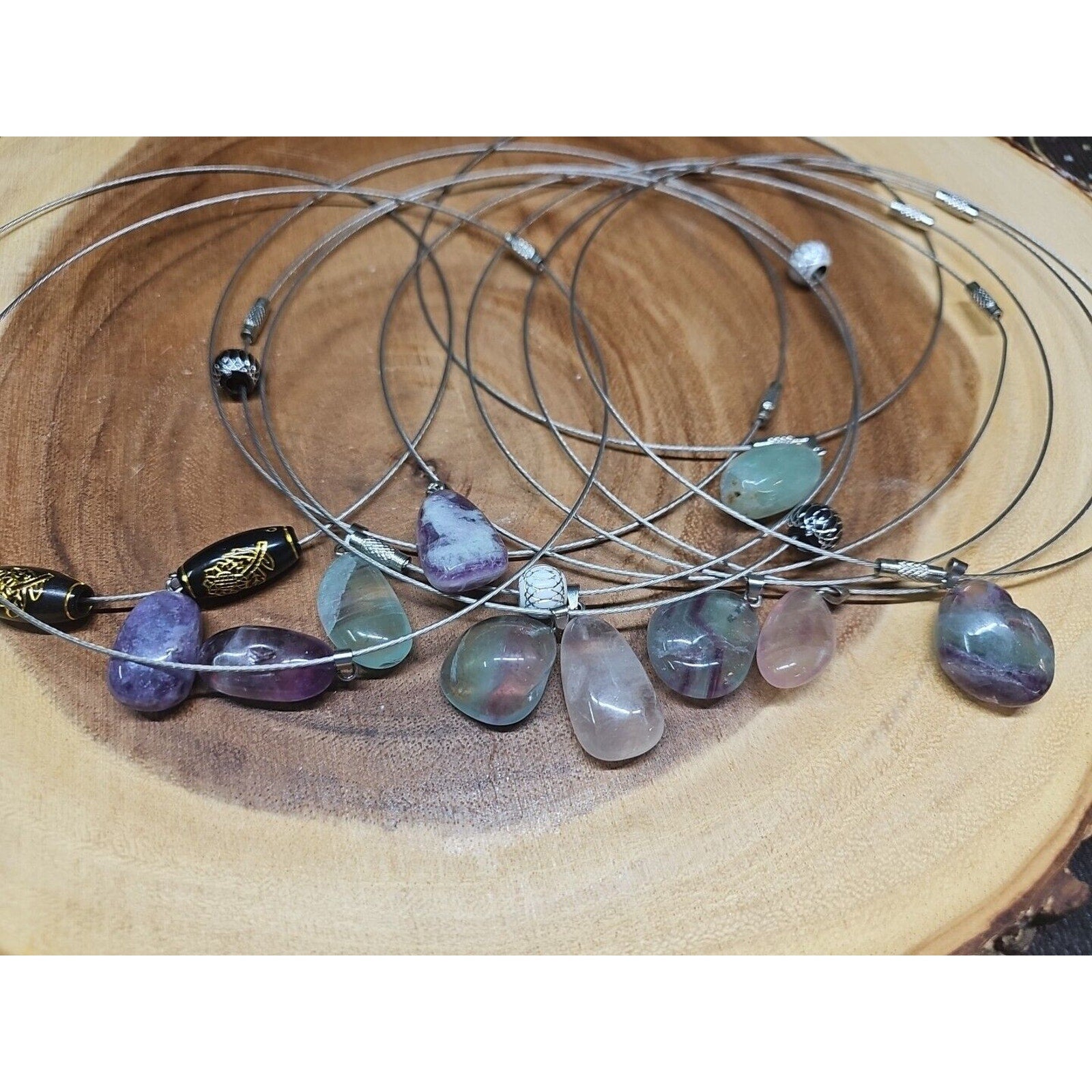 Natural stone 16in pendant necklace, stainless steel 10pc Wholesale lot