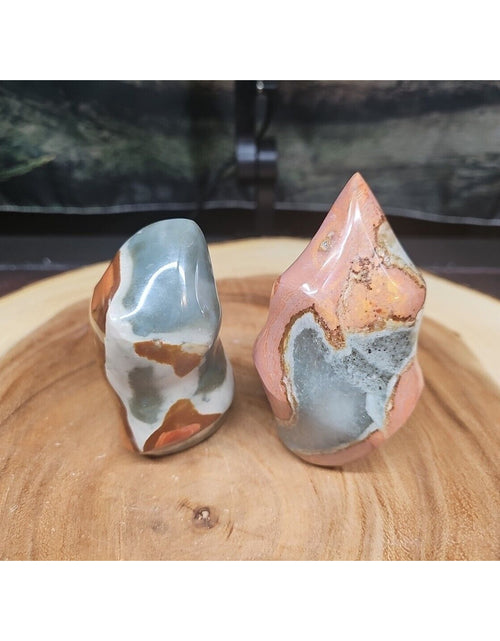 Load image into Gallery viewer, 1.40LB 2Pcs Natural Polychrome Ocean Jasper Crystal Flame Point Carved Healing

