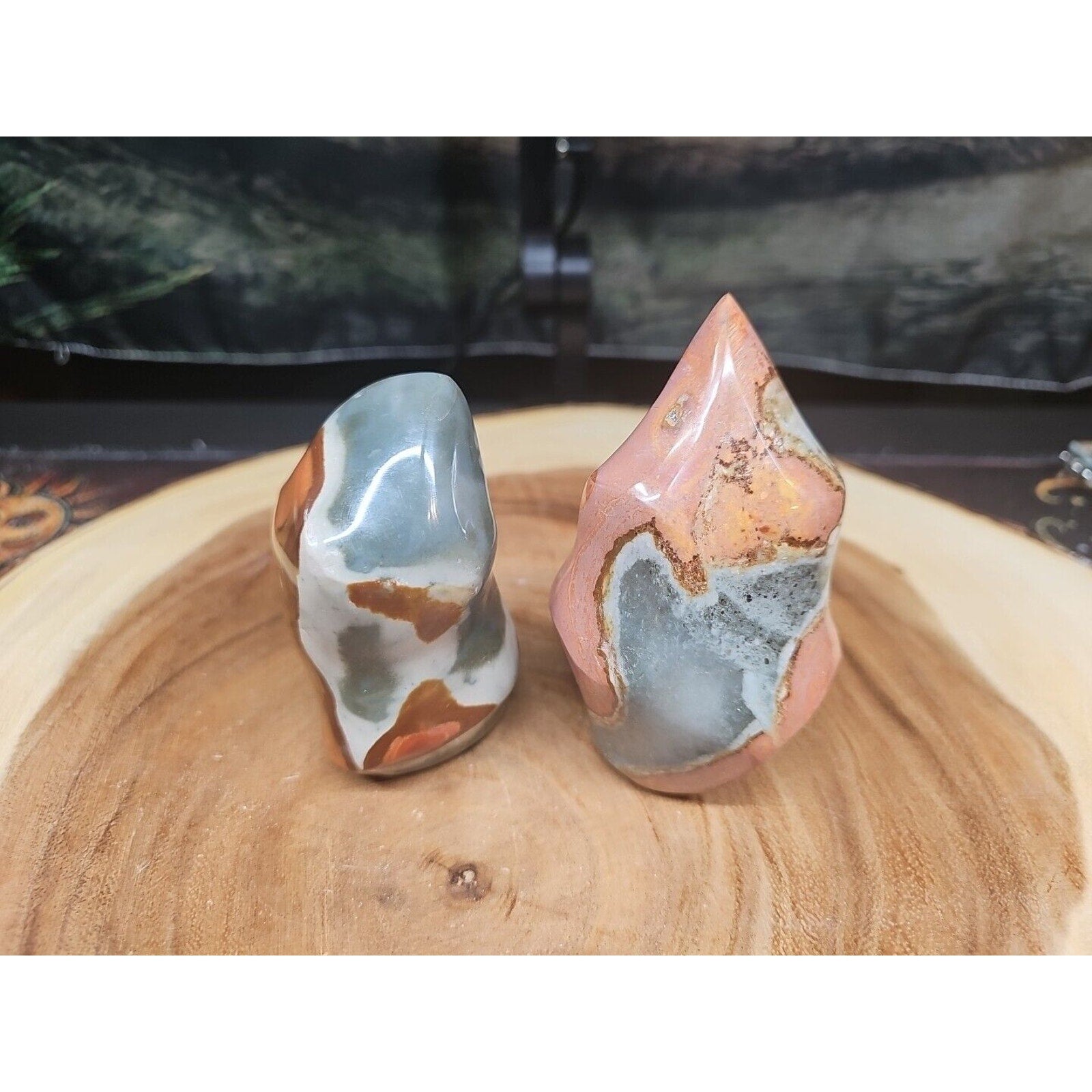 1.40LB 2Pcs Natural Polychrome Ocean Jasper Crystal Flame Point Carved Healing