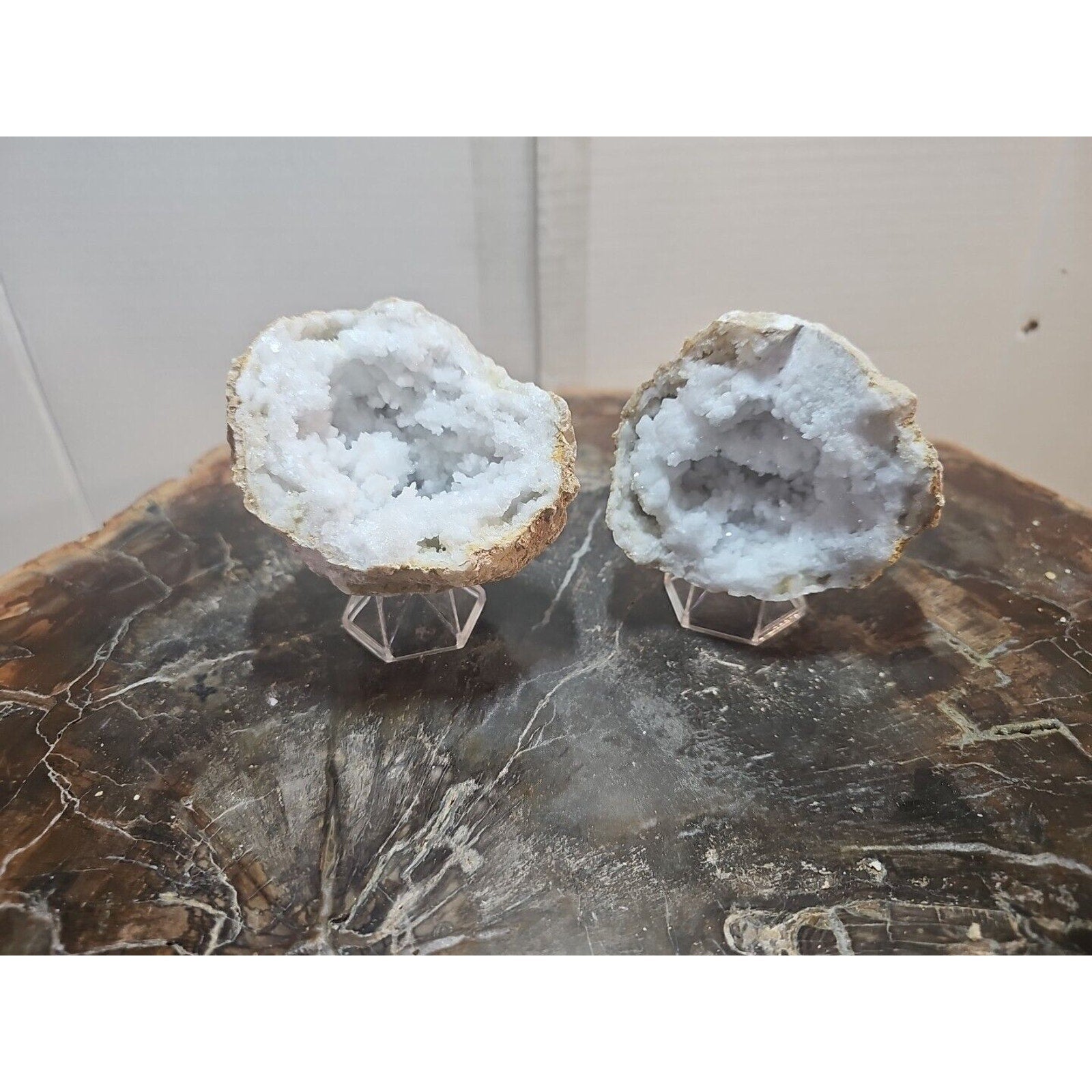 1.18lbs Pair Geode Crystal Moroccan Quartz W /Stands