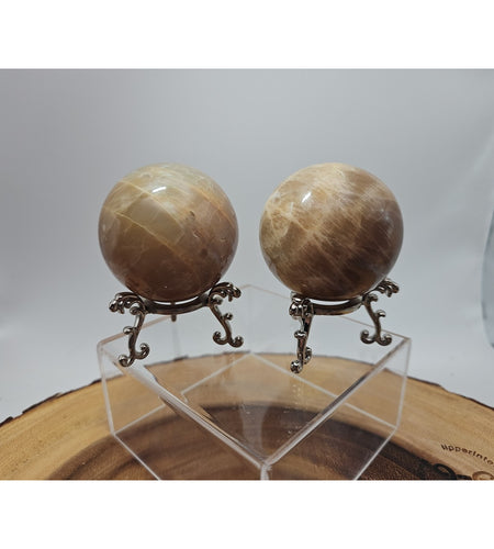 Peach Moonstone Spheres 1 Pair 55mm Each W/Stands