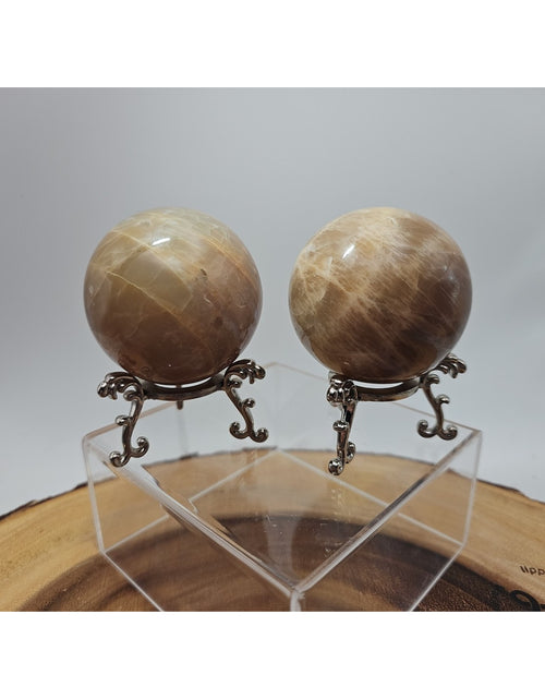 Load image into Gallery viewer, Peach Moonstone Spheres 1 Pair 55mm Each W/Stands
