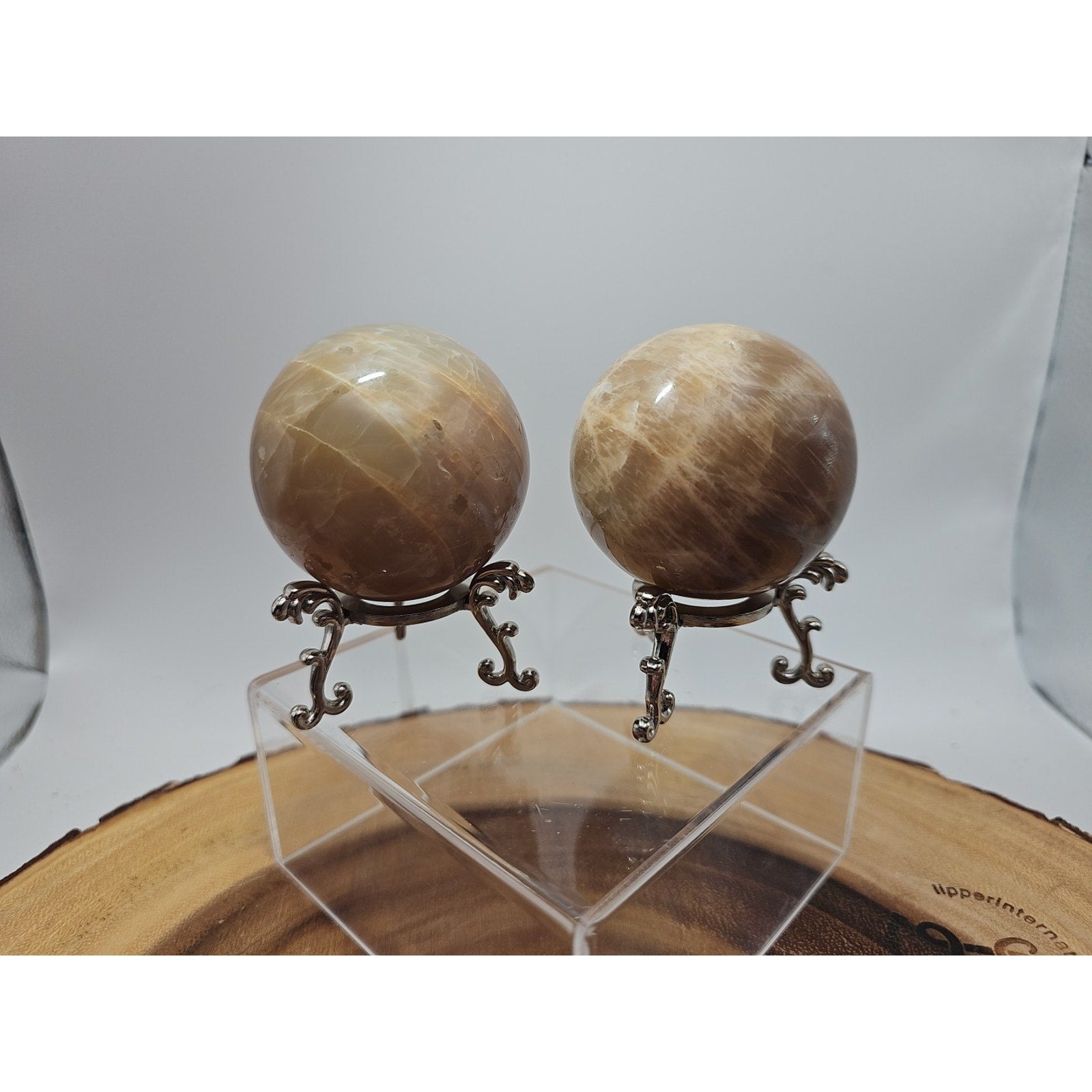 Peach Moonstone Spheres 1 Pair 55mm Each W/Stands