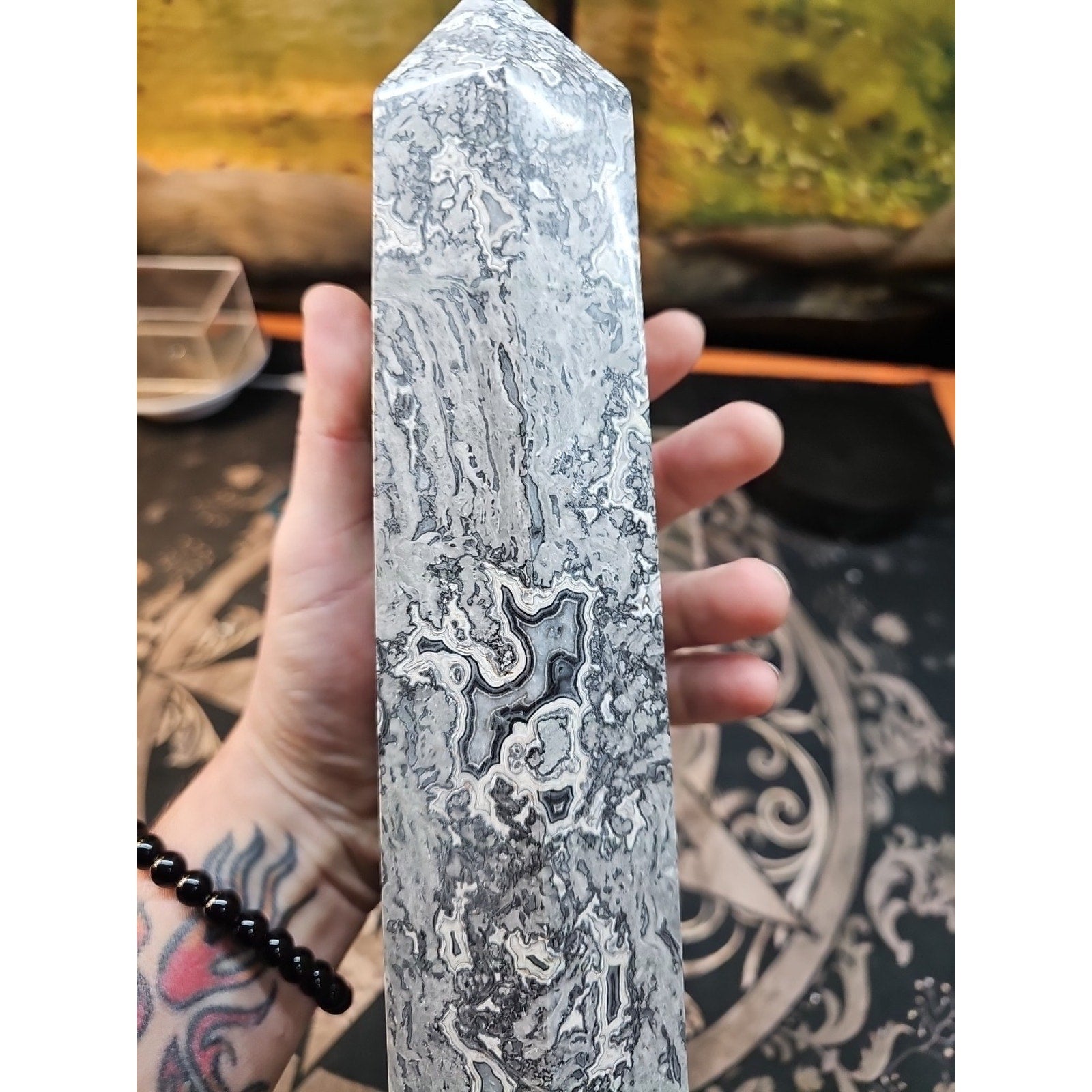 4.83lb 10in Tall Crazy Lace Jasper Crystal Point Tower Healing