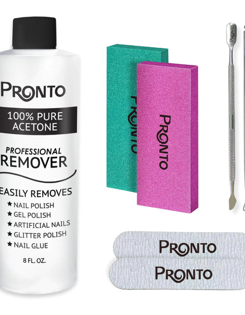 Load image into Gallery viewer, Pronto Acetone Nail Polish Remover 8 Fl Oz with Manicure Kit - Includes Nail File, Buffer, Pusher, Scraper - Pure Acetone 100 Percent - Quick &amp; Professional Gel Acrylic Nail Remover Kit 8 Fl Oz + Manicure Kit
