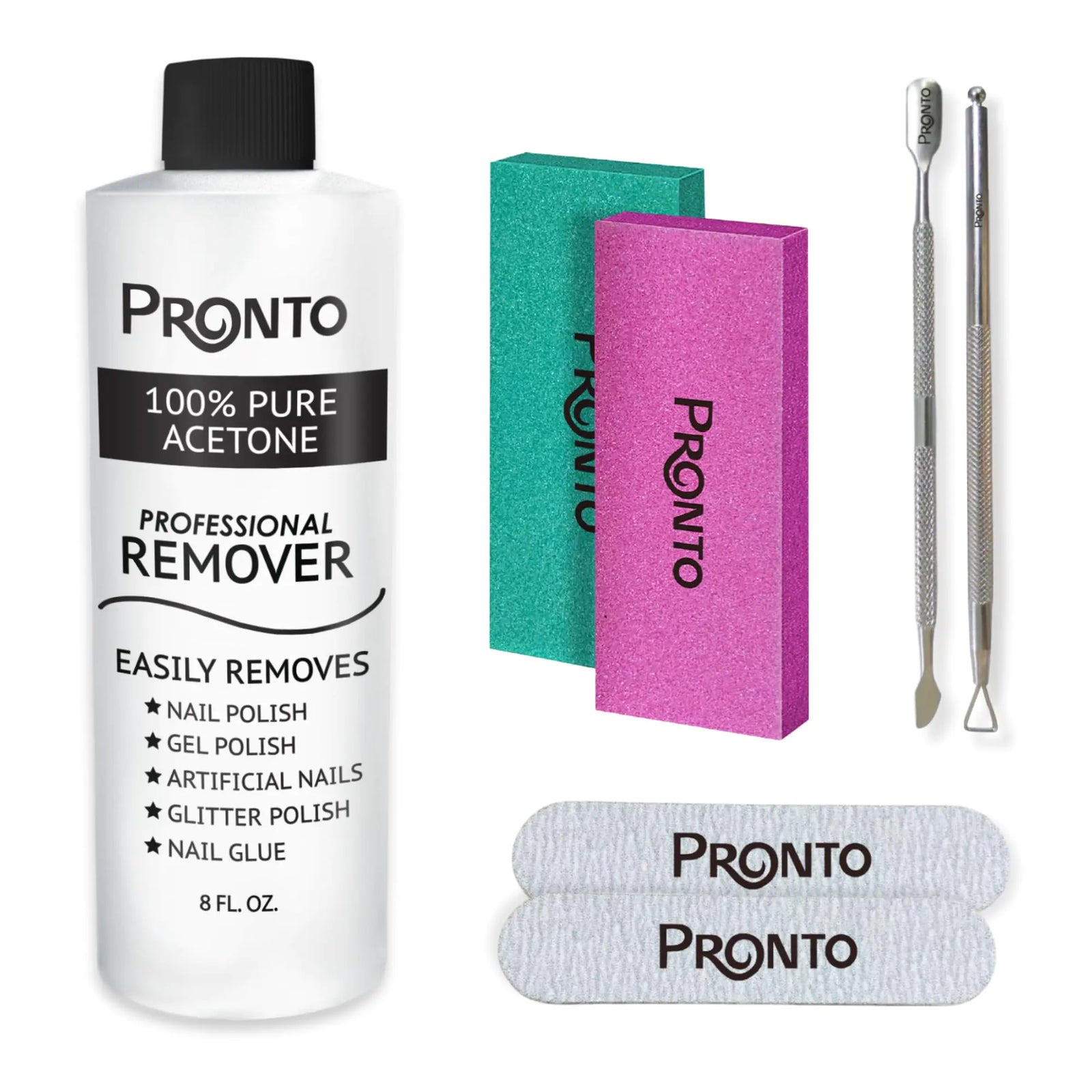 Pronto Acetone Nail Polish Remover 8 Fl Oz with Manicure Kit - Includes Nail File, Buffer, Pusher, Scraper - Pure Acetone 100 Percent - Quick & Professional Gel Acrylic Nail Remover Kit 8 Fl Oz + Manicure Kit