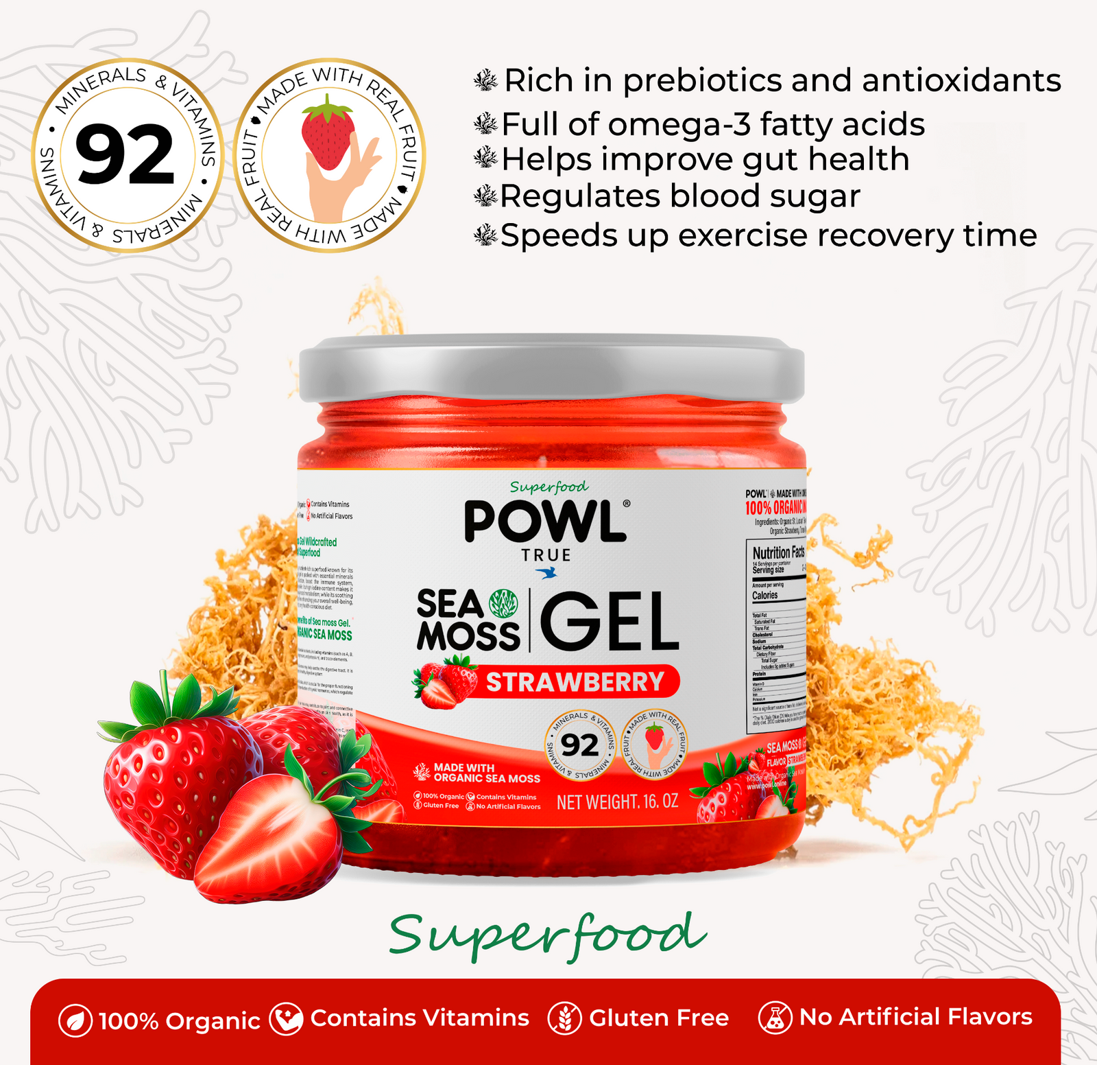 Organic Sea Moss Gel - Wildcrafted Irish Natural Superfood - Strawberry flavor.