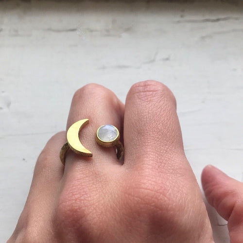 Load image into Gallery viewer, Moon Goddess Ring - Crescent Moon with Rainbow Moonstone
