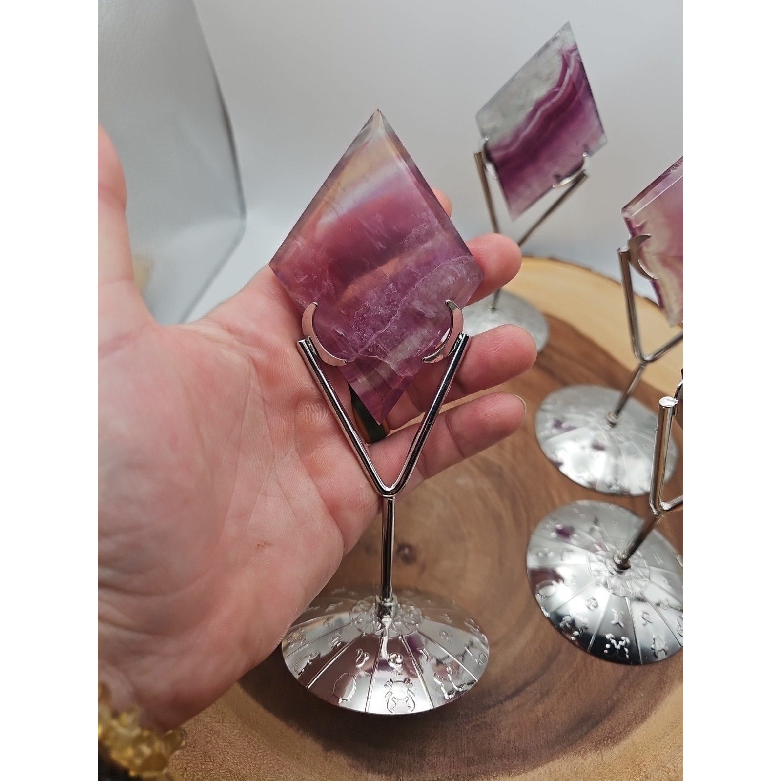 1 Each Natural Rainbow Fluorite Diamond W/ Zodiac stand