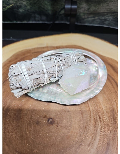Load image into Gallery viewer, Large Abalone Shell 5-6&quot;: Smudging Sage Sticks Display Sea Shell W/Quartz Point
