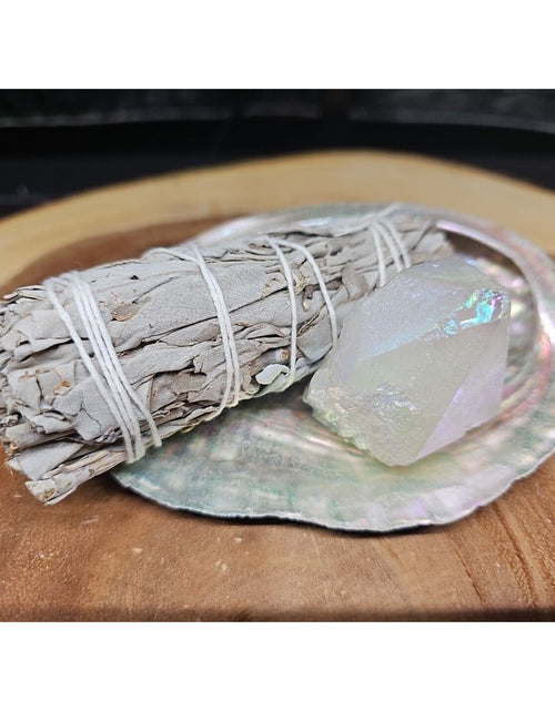 Load image into Gallery viewer, Large Abalone Shell 5-6&quot;: Smudging Sage Sticks Display Sea Shell W/Quartz Point
