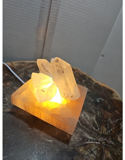 Load image into Gallery viewer, 1.24lb Satin spar recharging plate W/ 3pcs Huge Quartz Crystals &amp; Led Light
