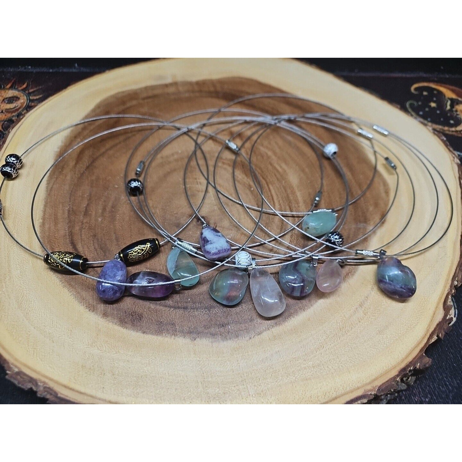 Natural stone 16in pendant necklace, stainless steel 10pc Wholesale lot