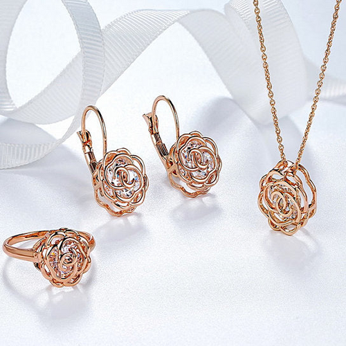 Load image into Gallery viewer, Rose Is A Rose Set Of Ring,Earrings and Pendant With Chain In 18kt Rose Crystals In White Yellow And Rose Gold Plating
