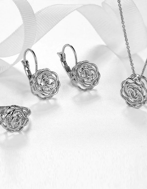 Load image into Gallery viewer, Rose Is A Rose Set Of Ring,Earrings and Pendant With Chain In 18kt Rose Crystals In White Yellow And Rose Gold Plating
