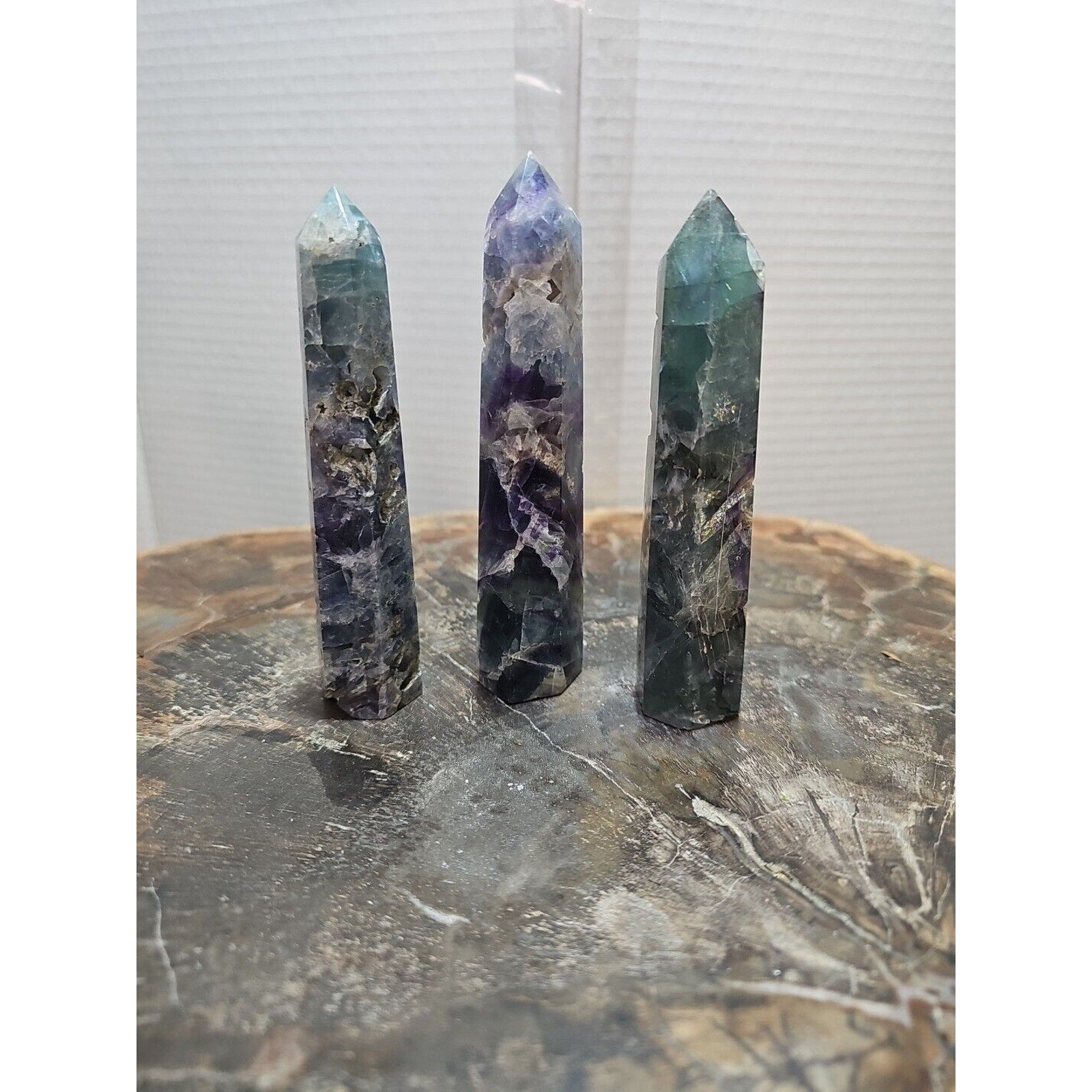 440g 3pcs Natural Rainbow Fluorite Quartz Crystal Point Tower Polished Healing