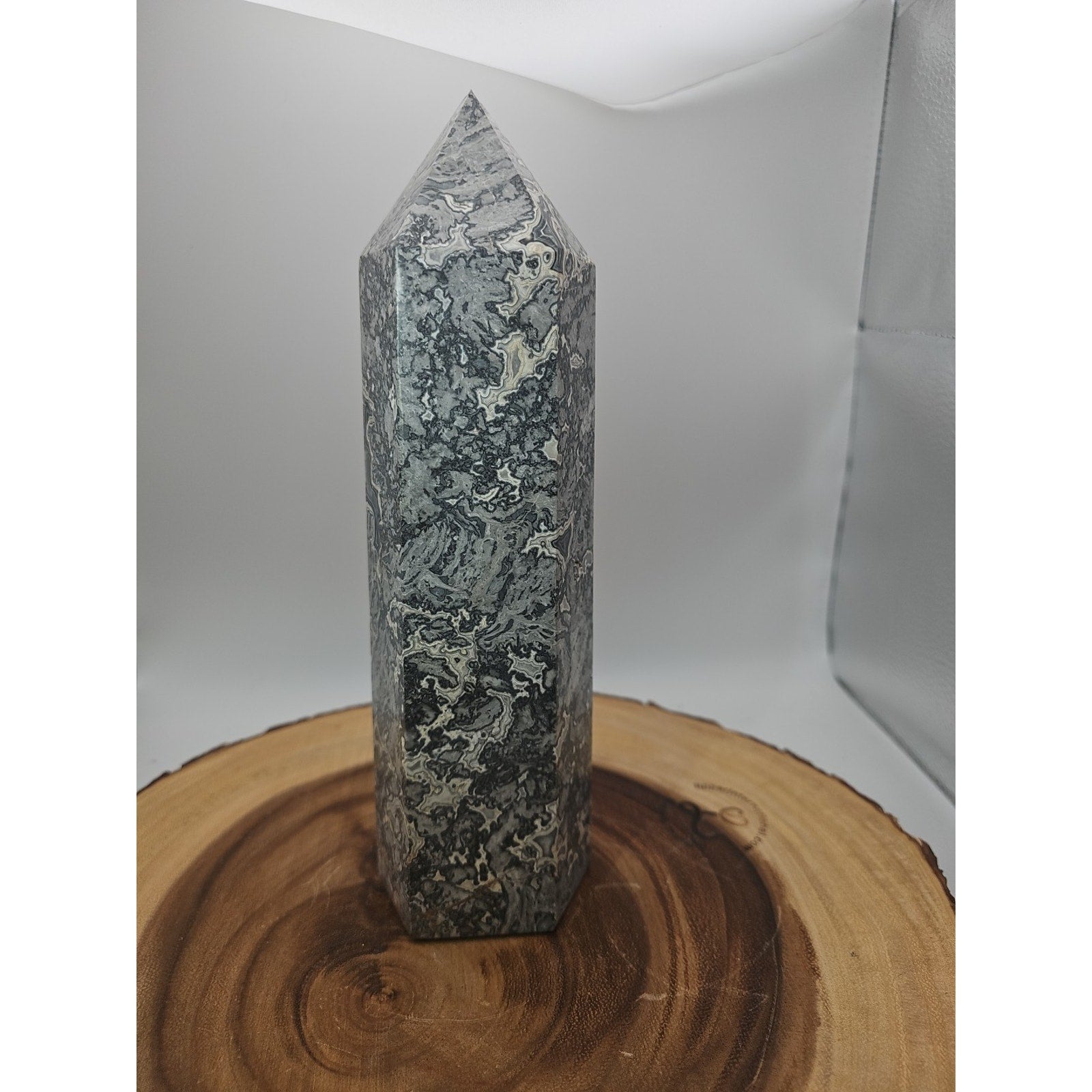 3.91LB 1Pcs Natural Gray Crazy Lace Jasper Crystal Point Tower Healing