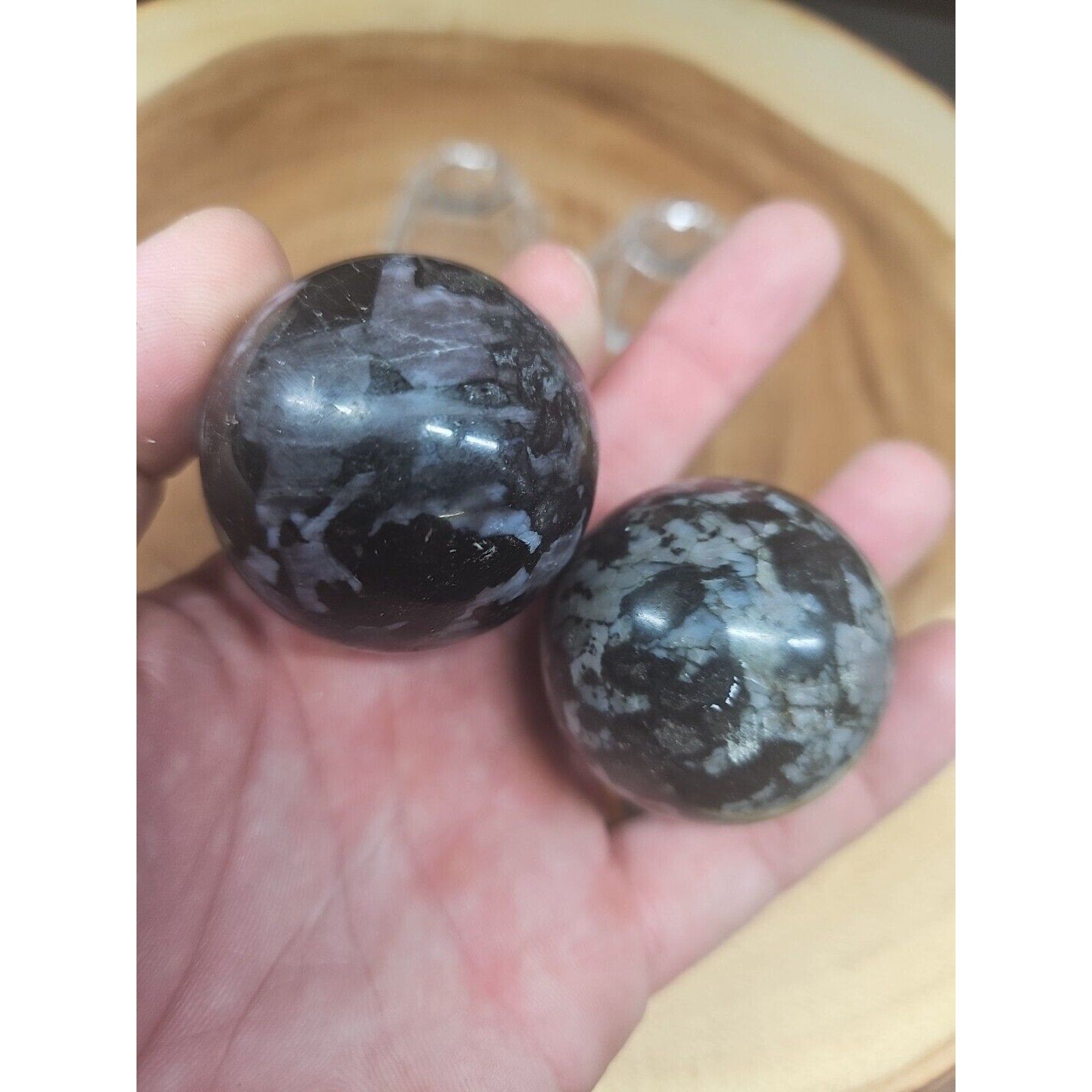 1 Pair Natural Black Flower of Fog Jasper Quartz Crystal Sphere W/stands 40mm