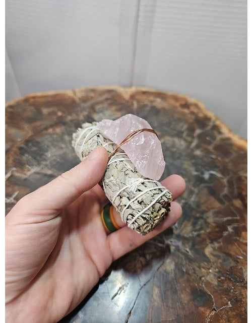 Load image into Gallery viewer, Sage wrapped crystal W/ Huge Rose Quartz Healing
