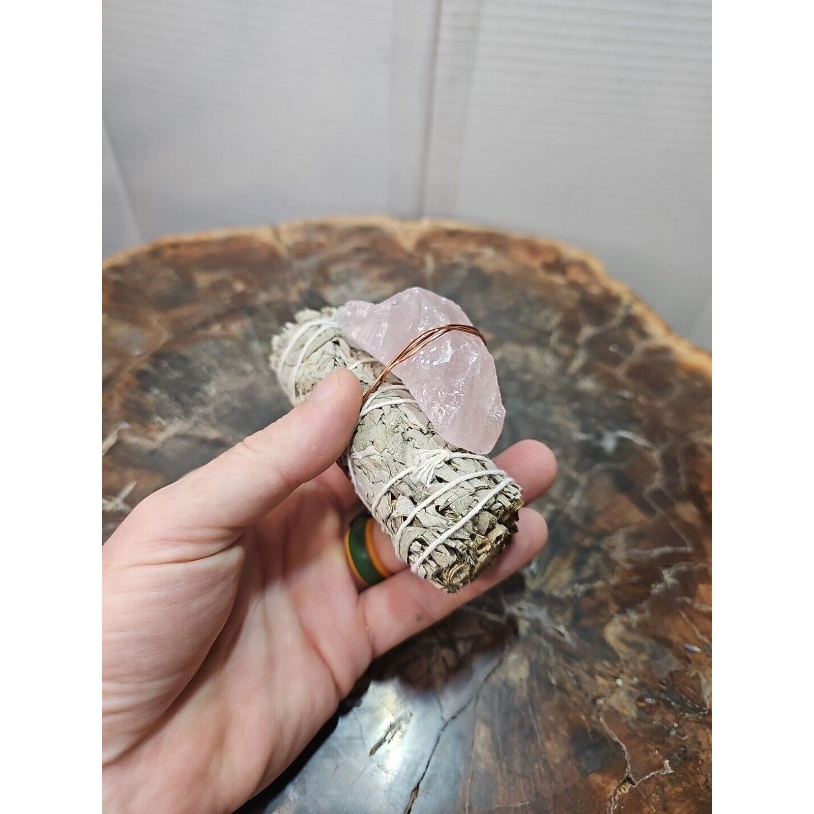 Sage wrapped crystal W/ Huge Rose Quartz Healing