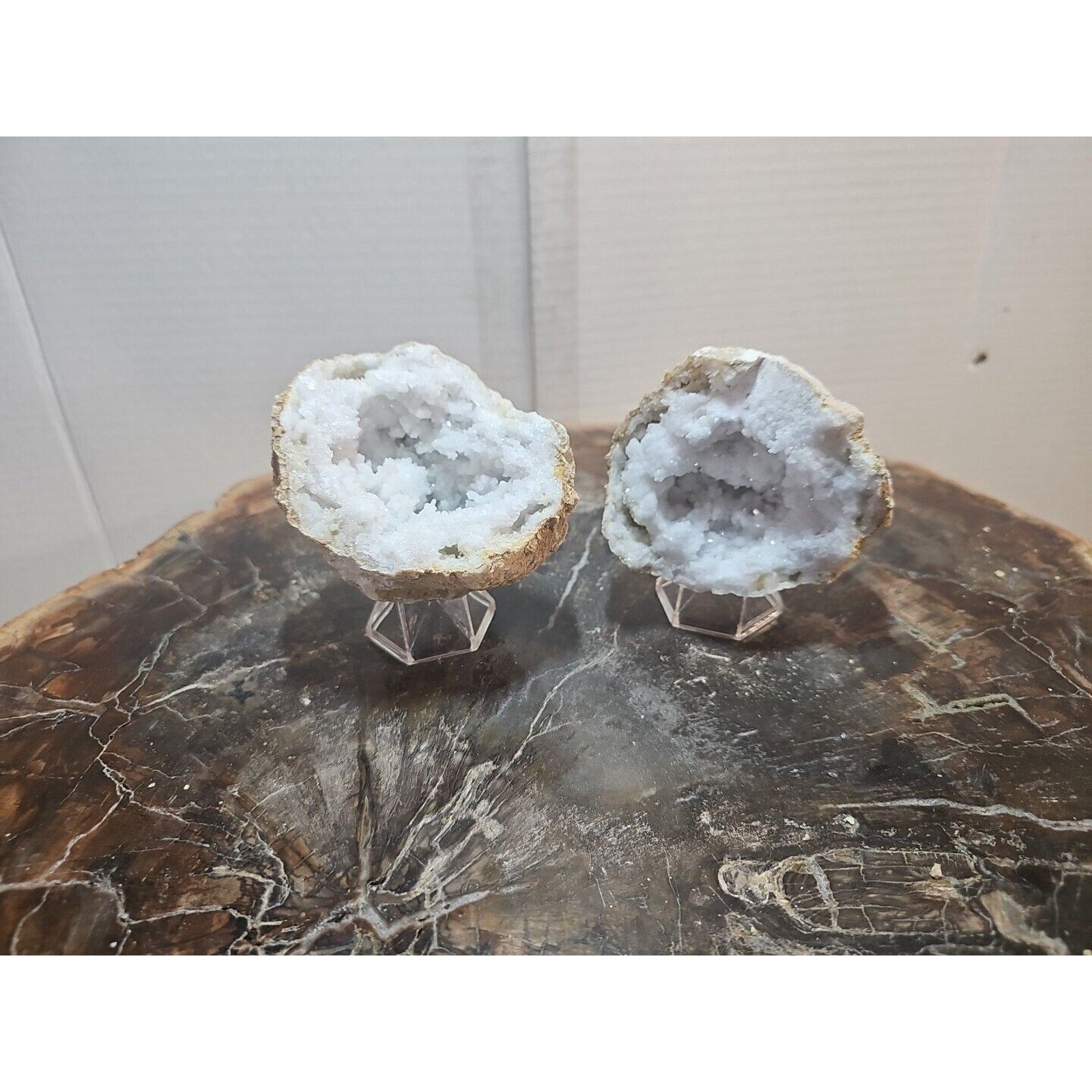 1.18lbs Pair Geode Crystal Moroccan Quartz W /Stands