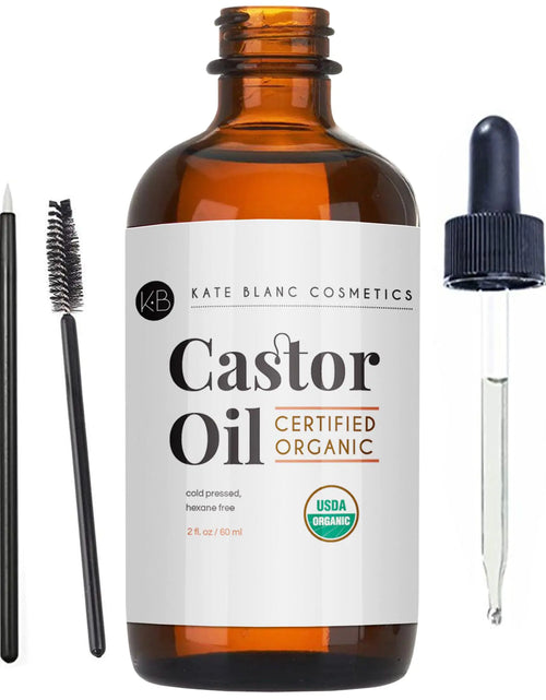 Load image into Gallery viewer, Kate Blanc Cosmetics Castor Oil (2oz), USDA Certified Organic, 100% Pure, Cold Pressed, Hexane Free. Stimulate Growth for Eyelashes, Eyebrows, Hair. Skin Moisturizer &amp; Hair Treatment Starter Kit 2 Fl Oz (Pack of 1)
