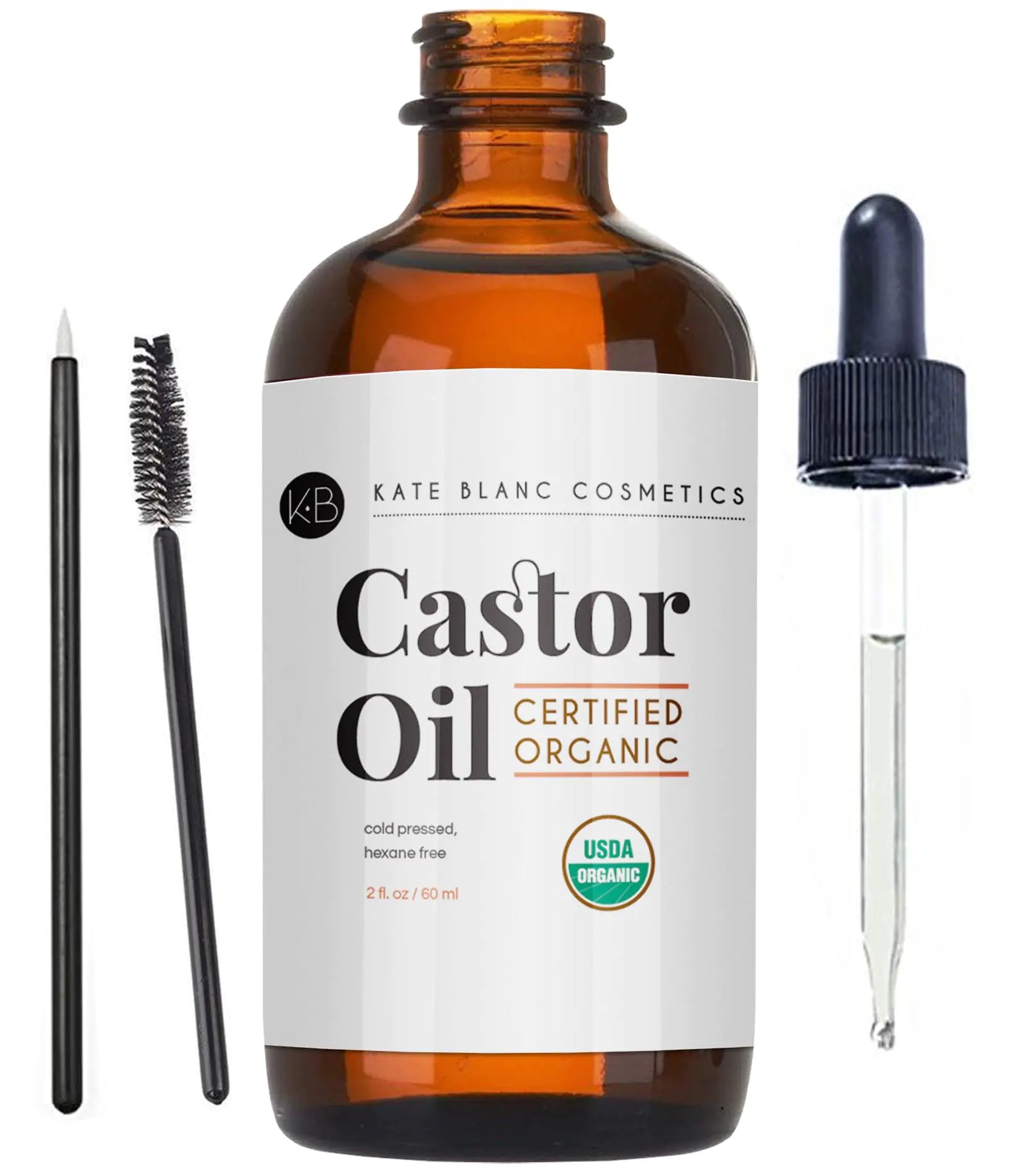 Kate Blanc Cosmetics Castor Oil (2oz), USDA Certified Organic, 100% Pure, Cold Pressed, Hexane Free. Stimulate Growth for Eyelashes, Eyebrows, Hair. Skin Moisturizer & Hair Treatment Starter Kit 2 Fl Oz (Pack of 1)