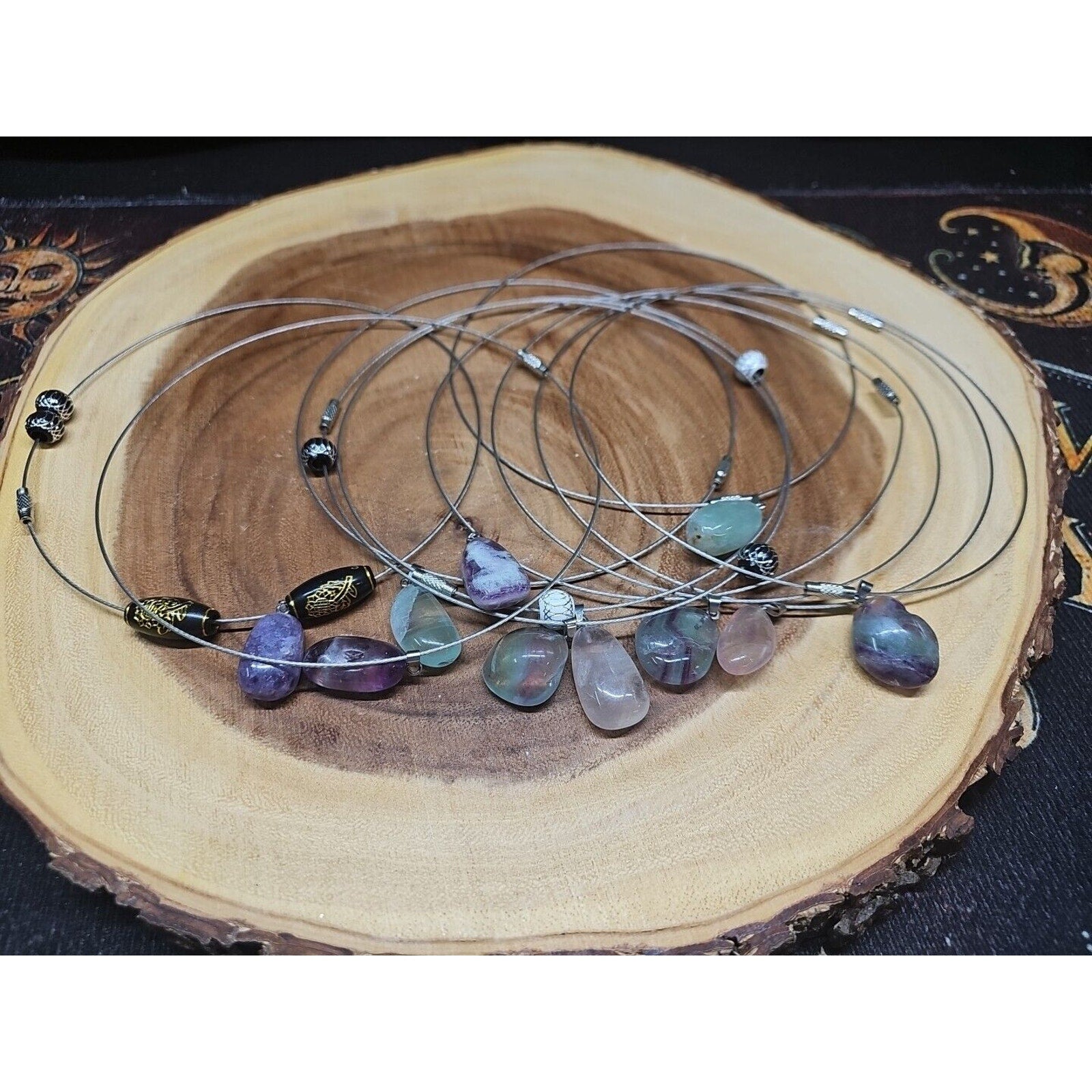 Natural stone 16in pendant necklace, stainless steel 10pc Wholesale lot