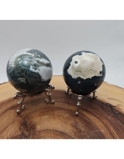 Load image into Gallery viewer, 1 Pair Moss Tree Agate Sphere W/Stand 52mm .93lb
