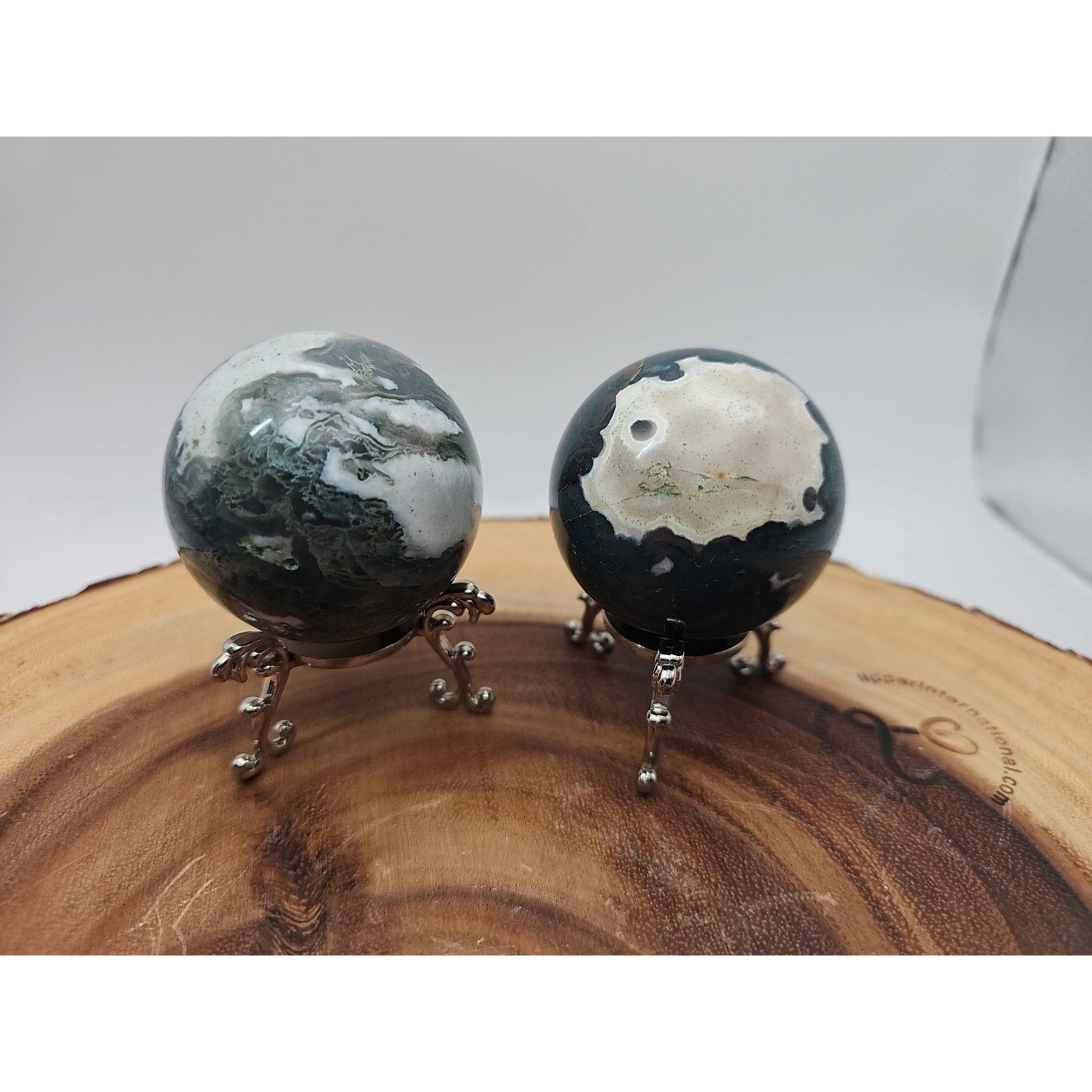 1 Pair Moss Tree Agate Sphere W/Stand 52mm .93lb