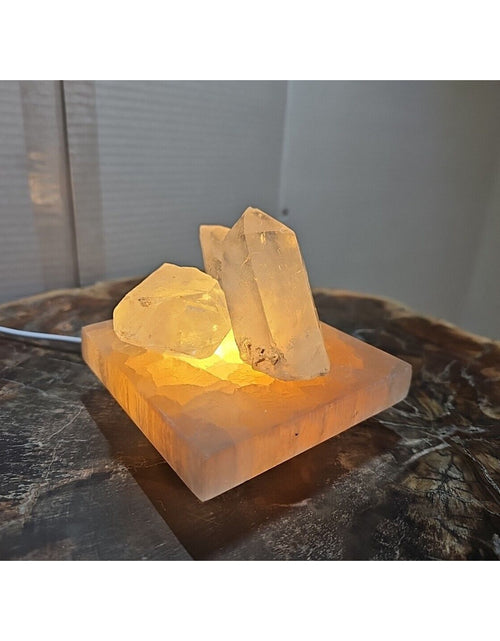 Load image into Gallery viewer, 1.24lb Satin spar recharging plate W/ 3pcs Huge Quartz Crystals &amp; Led Light
