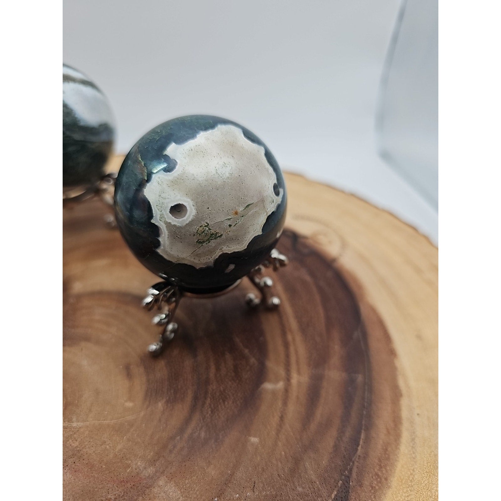 1 Pair Moss Tree Agate Sphere W/Stand 52mm .93lb