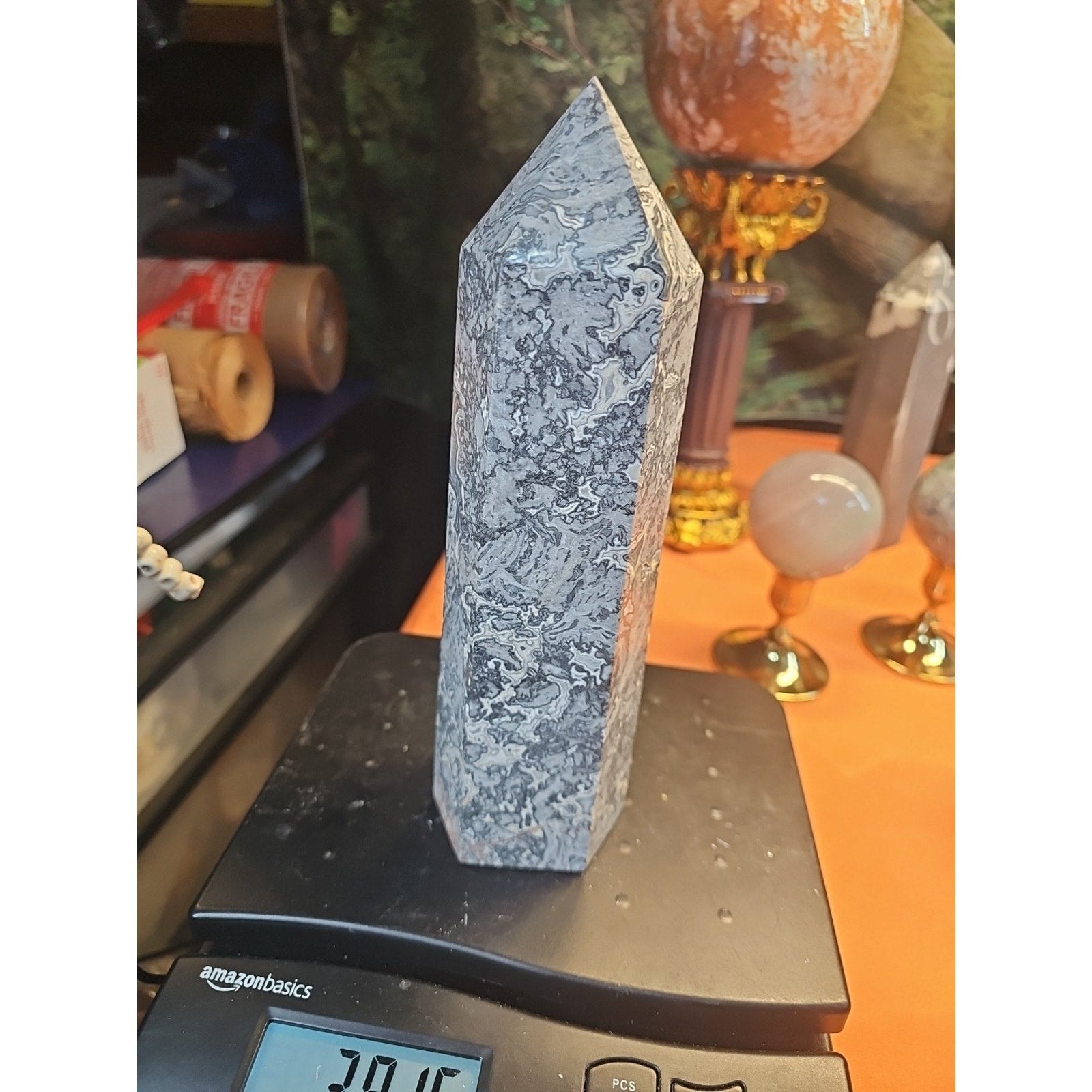 3.91LB 1Pcs Natural Gray Crazy Lace Jasper Crystal Point Tower Healing