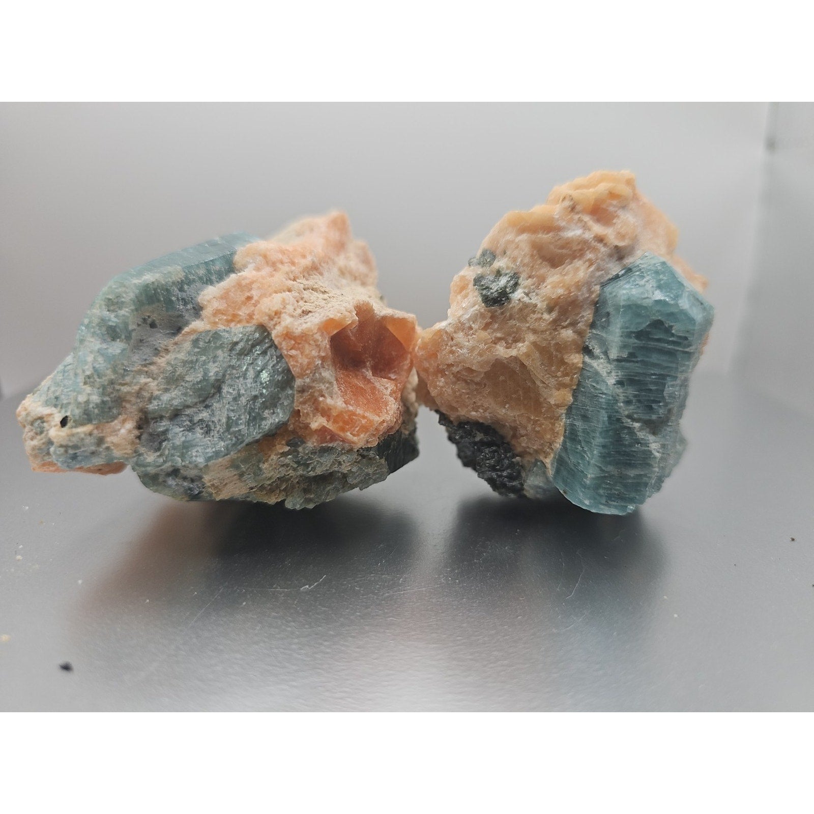 Fluorapatite On Orange Calcite 2pc Raw Specimen. 90lbs